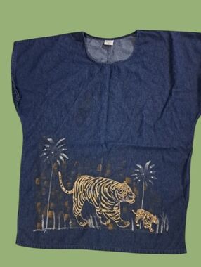 Magic Blue Denim Top Cotton Tiger & Palm Trees Design Gems Women's Size 2X